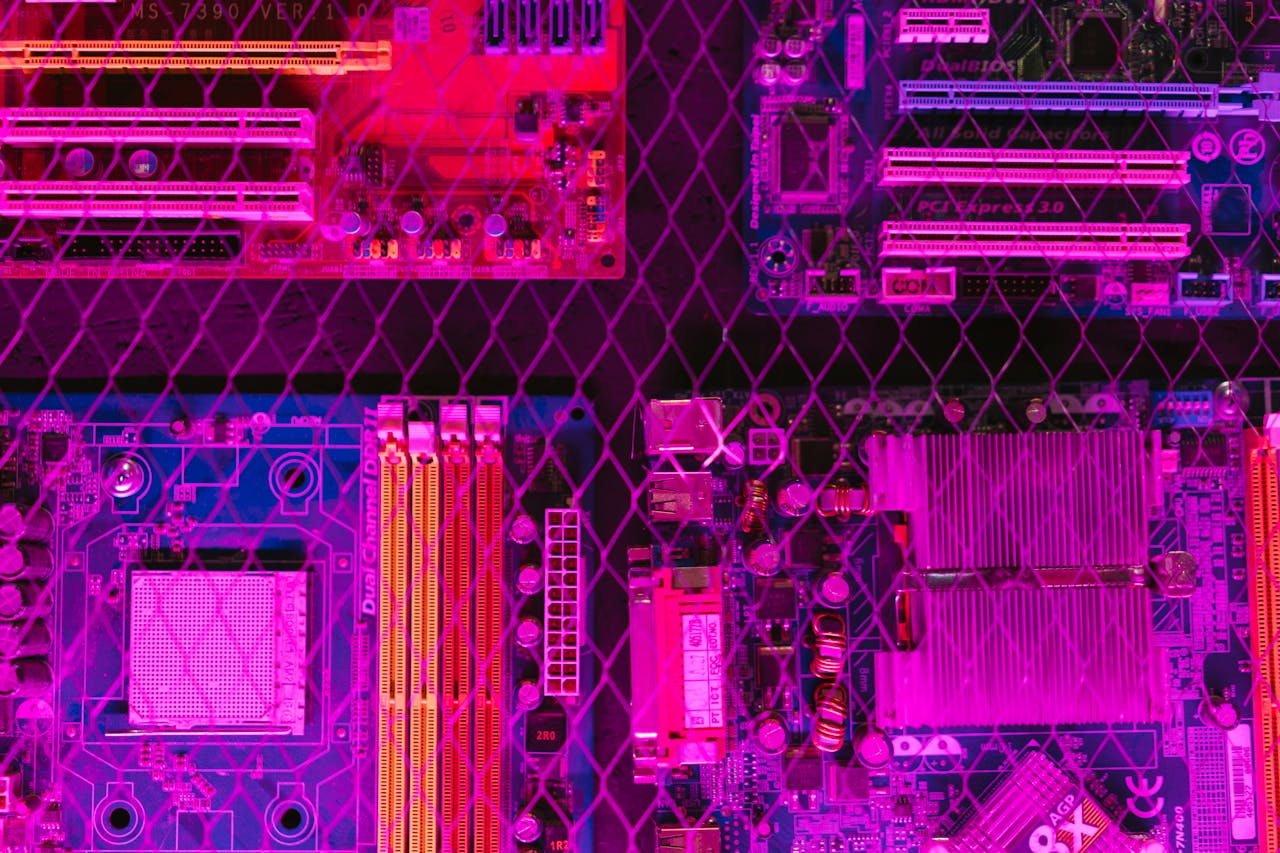A circuit board behind a fine wire mesh, suggesting layered infrastructure